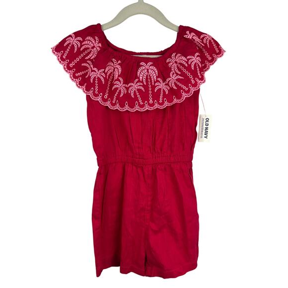 Old Navy Pink Embroidered Palm Ruffle Romper Girls 4T Cotton Summer Playwear - Picture 2 of 8